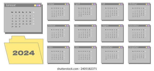 calendario 2024 en estilo y2k. Meses en forma de carpetas de interfaz de equipo. Elementos de PC retro.