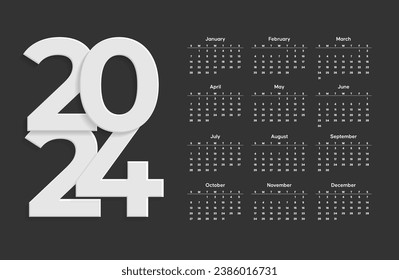 2024 Calendar year illustration, new year calendar 2024 design illustration, calendrier du nouvel an 2024 vectorial