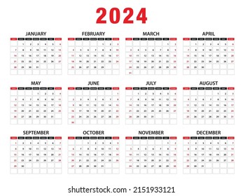 2024 Calendar year vector illustration. week starts on Sunday, Simple planner design template, desk calendar 2024 year, wall calendar 2024 template, print media, advertisement