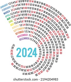 2024 Calendar year vector illustration. Creative and colourful calendar vector.