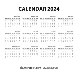 2024 Calendar year vector illustration. The week starts on Monday. Annual calendar 2024 template.
