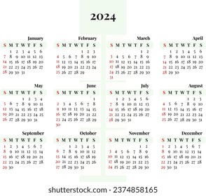 2024 calendar year vector illustration. week starts Sunday, Minimalist design template, wall calendar 2024 template, print media, advertisement