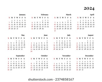 2024 calendar year vector illustration. week starts Sunday, Minimalist design template, wall calendar 2024 template, print media, advertisement