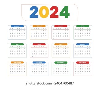2024 Calender colorful one page calender Vector