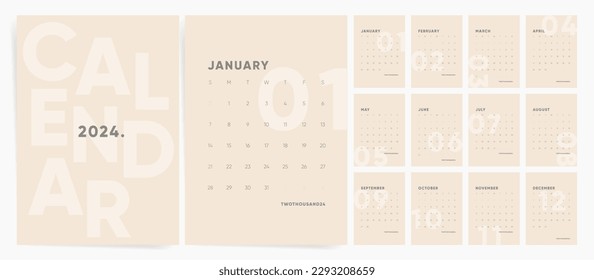 Teamplate vector Calerndar 2024 . Calendario mensual 2024 con un diseño mínimo. Diseño del calendario inglés - la semana comienza el domingo.