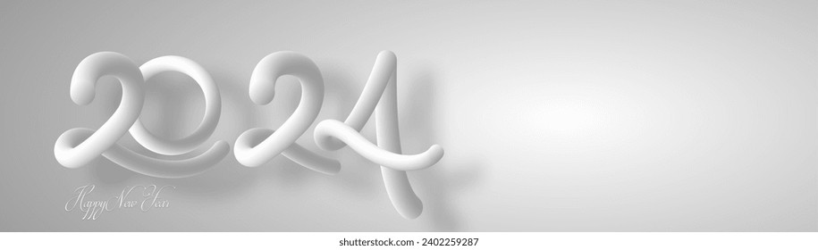 2024 calligraphy with 3d white numbers of soft flexible neon, bubble tubular, banner. Happy New Year celebration for flyers, posters, business decoration sign, brochure, card. White vector background