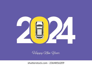 2024 with car Happy New Year logo trend design. 2024 colored number design . 2024 typography symbol Happy New Year. Vector illustration with labels trendy and fashionable colors