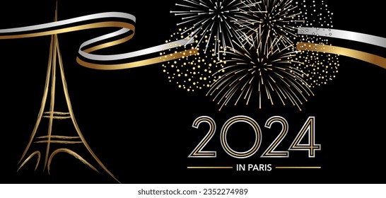 2024 - card or banner for wishing the new year on the theme of night parties in Paris with fireworks and the stylized Eiffel tower, gold and silver on a black background.