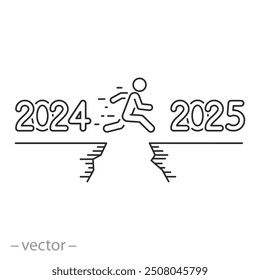 2024 challenge, icon, happy man jump, success vision in new year 2025, future plan business goal, merry Christmas concept, editable stroke vector illustration on white background