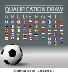 2024 championship qualifying table isolated on a modern background. National football teams badges. All participating countries. All groups. Vector illustration.