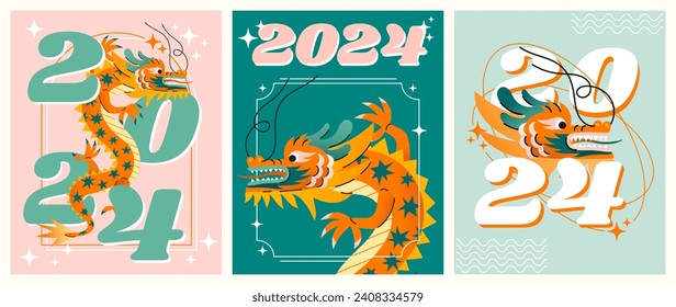 2024 Chinese Dragon Lunar New Year card, banner. Festive vector illustration. Chinese greeting design. Hand drawn Asian style abstract geometric dragon. 