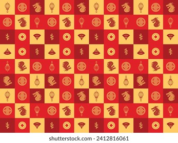 2024 Chinese Dragon Lunar New Year card. Modern geometrical traditional decoration. Flat vector ornamental design for calendar, invitation and social media. Holiday background. Seamless pattern dragon
