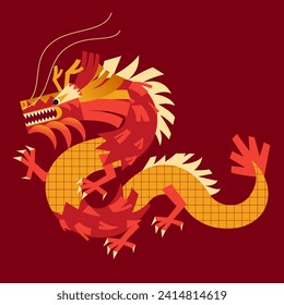 2024 Chinese Dragon Lunar New Year card. Festive vector illustration. Chinese greeting design. Hand drawn Asian style abstract geometric dragon. 