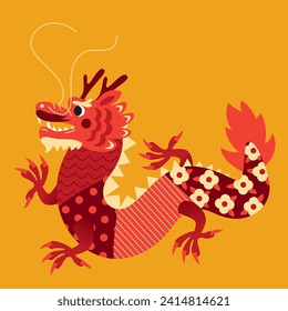 2024 Chinese Dragon Lunar New Year card. Festive vector illustration. Chinese greeting design. Hand drawn Asian style abstract geometric dragon. 