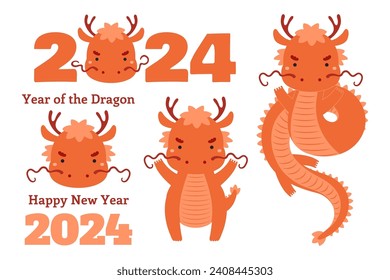 2024 Chinese Lunar New Year cute cartoon dragon clipart collection, isolated on white. Flat style vector illustration. Design concept for CNY, Seollal, Tet holiday card, banner, poster, decor element