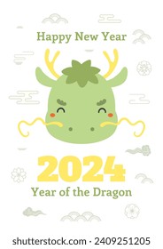2024 Chinese Lunar New Year cute cartoon dragon, clouds, plum blossoms, abstract elements. Flat style vector illustration. Design concept CNY, Seollal, Tet holiday card, banner, poster, decor element