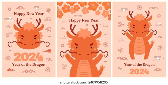 2024 Año Nuevo Lunar chino afiche lindo dragón, colección de pancartas, nubes, flores de ciruela, elementos abstractos. Ilustración vectorial de estilo plano. Concepto de diseño CNY, Seollal, elemento de decoración de tarjetas de vacaciones Tet