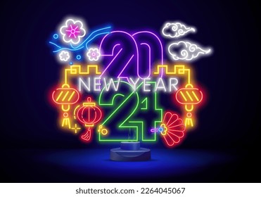 2024 Chinese New Year background with bright neon dragon of different colors on black. Vector illustration. Concept for holiday banner, greeting card, decorative element.