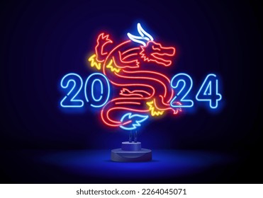 2024 Chinese New Year background with bright neon dragon of different colors on black. Vector illustration. Concept for holiday banner, greeting card, decorative element.