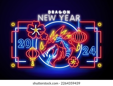 2024 Chinese New Year background with bright neon frame of different colors on black. Vector illustration. Concept for holiday banner, greeting card, decorative element.