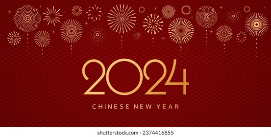 2024 Chinese New Year background with golden fireworks on red traditional pattern. Vector illustration. Flat style design. Concept for holiday banner, greeting card, decorative element.