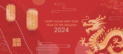 2024 Chinese New Year Banner. Year Of The Dragon Card Template Design With Golden Dragon And Traditional Paper Festival Lanterns Background. Traditional Luxury Decorations.
