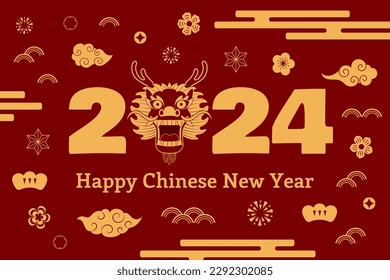 2024 Chinese New Year dragon, abstract elements, clouds, flowers, typography Happy New Year, gold on red. Vector illustration. Line art. Asian style design. Concept for holiday card, banner, decor - Shutterstock ID 2292302085