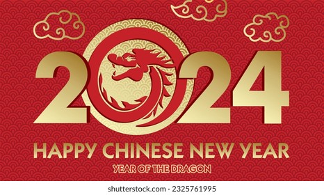 Año nuevo chino 2024. Un Dragón en el concepto del logo del número. Año del Dragón. Signo de Dragon Zodiac, con arte de corte de papel dorado y estilo artesanal en el fondo de color para tarjeta de saludo, volantes, afiche. 