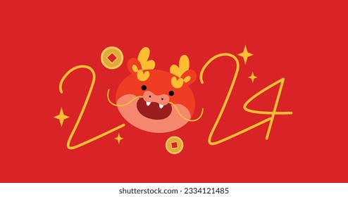 2024 chinese new year dragon head vector. Cute chinese zodiac dragon head with smiley face greeting card with lucky coins on background. Wishing a happy lunar new year 2024 in Asia.