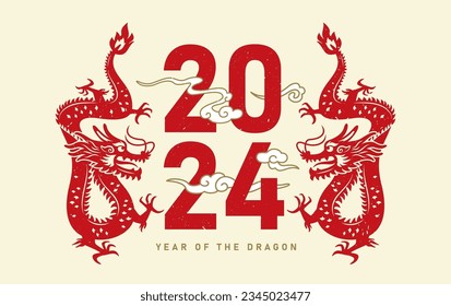 2024 Chinese new year, year of the dragon. Red Chinese dragon zodiac sign.