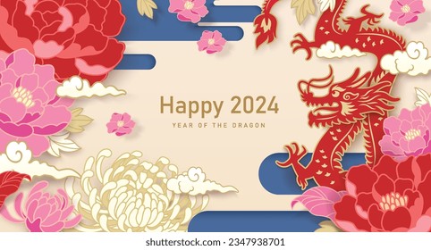 2024 Chinese new year, year of the dragon banner design with Chinese zodiac dragon, clouds and flowers background.