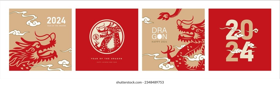 2024 Chinese new year, year of the dragon. Set of Chinese new year posters, greeting cards design with Chinese zodiac dragon. Chinese translation: dragon