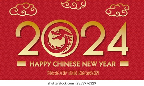 Año nuevo chino 2024. Un Dragón en el concepto del logo del número. Año del Dragón. Signo de Dragon Zodiac, con arte de corte de papel dorado y estilo artesanal en el fondo de color para tarjeta de saludo, volantes, afiche. 