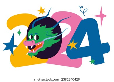 2024 Chinese New Year, year of the Dragon, cartoon style, vintage groovy character. Trendy modern vector illustration isolated on white background, hand drawn, flat design
