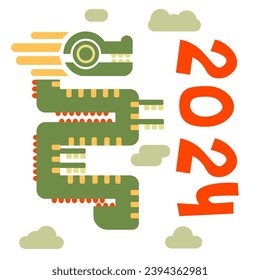 2024 Chinese New Year, the year of the Dragon. Chinese zodiac dragon in geometric flat modern style. Geometric green dragon with clouds and numbers on a white background