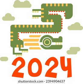 2024 Chinese New Year, the year of the Dragon. Chinese zodiac dragon in geometric flat modern style. Delicate shades, curved dragon. Geometric green dragon with clouds and numbers on white background