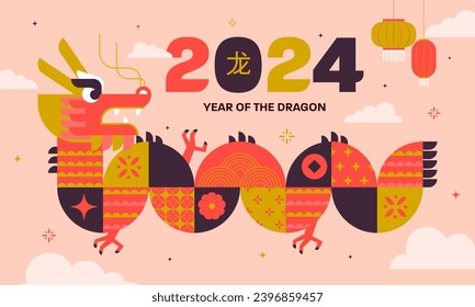 2024 Chinese New Year, year of the Dragon. Chinese zodiac dragon in geometric flat modern style. Vector Illustration