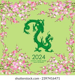 2024 Chinese New Year of the dragon. Element design for chinese lunar zodiac collection. Traditional  Fabulous green dragon. China lunar calendar animal. Premium design vector happy new year