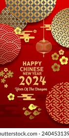 2024 Chinese new year, year of the dragon banner template design with dragons, lantern, flower and background.