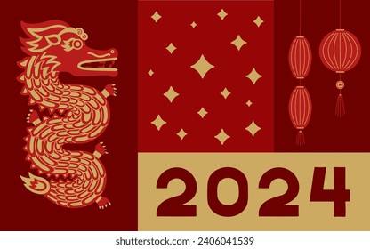2024 Chinese New Year, year of the Dragon. Chinese zodiac dragon, lanterns, 2024, stars