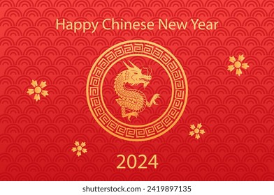 2024 Chinese New Year, year of the dragon banner template design with dragons, clouds and flowers background.