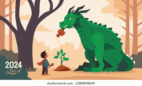 2024 Chinese New Year Green Dragon Vector Illustration Featuring a Green Dragon and People Engaged in Various Activities Perfect for Greeting Cards, Posters, Banners and more.