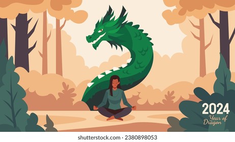 2024 Chinese New Year Green Dragon Vector Illustration Featuring a Green Dragon and People Engaged in Various Activities Perfect for Greeting Cards, Posters, Banners and more.