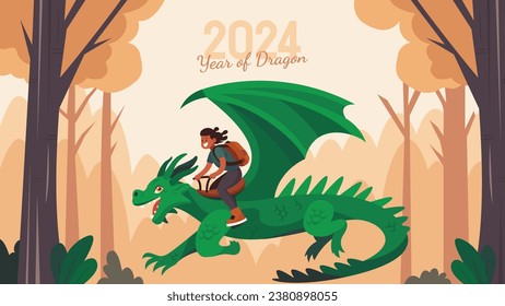 2024 Chinese New Year Green Dragon Vector Illustration Featuring a Green Dragon and People Engaged in Various Activities Perfect for Greeting Cards, Posters, Banners and more.