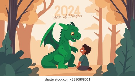 2024 Chinese New Year Green Dragon Vector Illustration Featuring a Green Dragon and People Engaged in Various Activities Perfect for Greeting Cards, Posters, Banners and more.