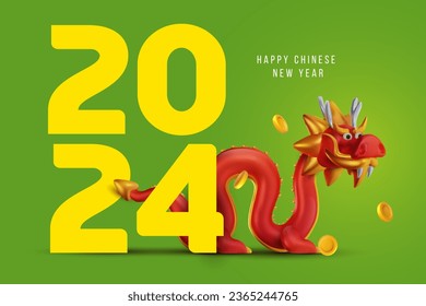 Año nuevo chino 2024. Composición de fondo de vacaciones al estilo de dibujos animados 3d. Plantilla de banner festivo. Dragón rojo símbolo zodiaco brillante. Ilustración vectorial de corte.