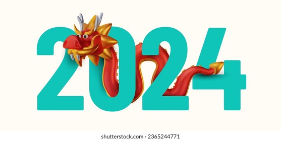 Año nuevo chino 2024. Composición de fondo de vacaciones al estilo de dibujos animados 3d. Plantilla de banner festivo. Dragón rojo símbolo zodiaco brillante. Ilustración vectorial de corte.