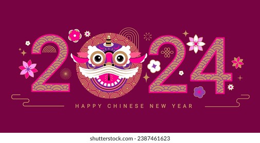 2024 Chinese New Year. Horizontal banner with numbers,smiling dragon,flowers. Lunar new year background with zodiac symbol. Template design for greeting card,poster,flyer,web. Vector illustration.