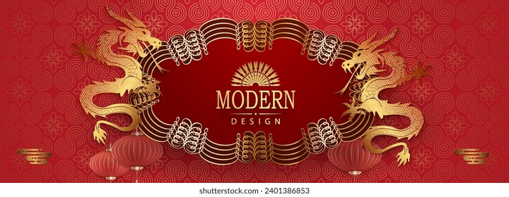 2024 Chinese New Year, red design with frame and ornament, year of the dragon.