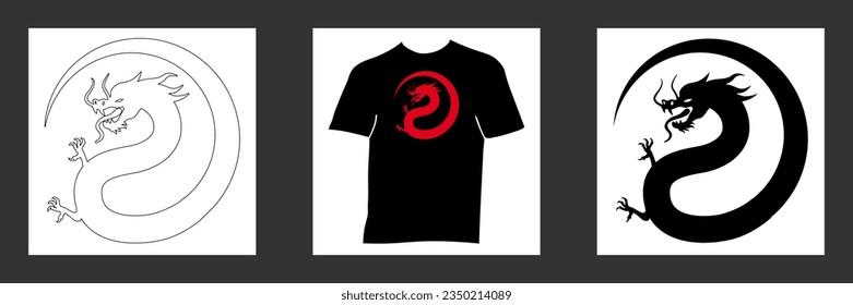 2024 - Chinese New Year - stylized dragon in a round shape, black red or white, for printing on a black T-shirt.